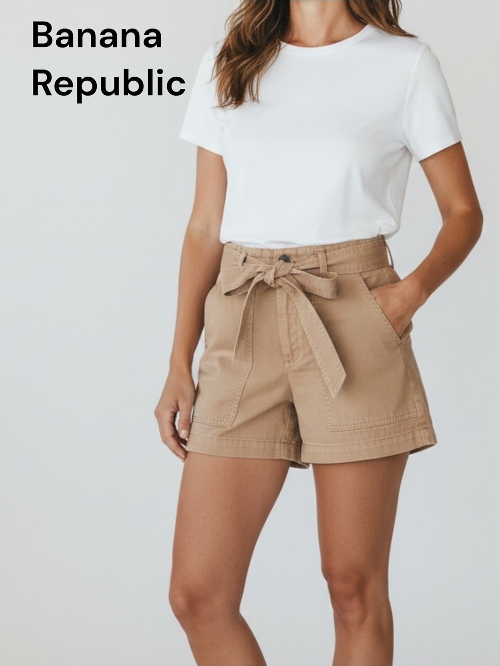 Banana Republic Paperbag Tie Waist Shorts Size 2 Ice Latte Beige 100% Cotton